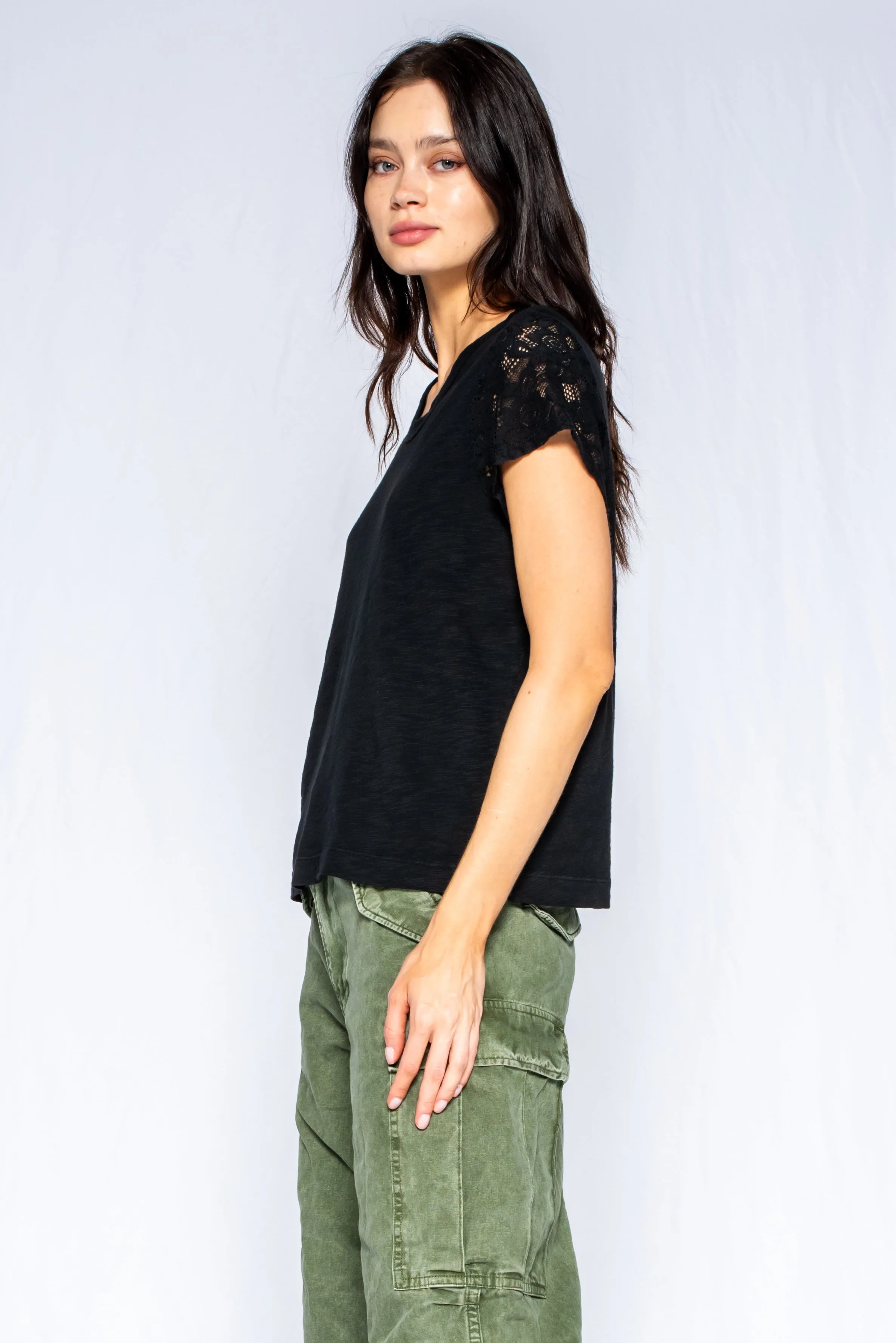 Shrunken Crew Tee with Lace Sleeves