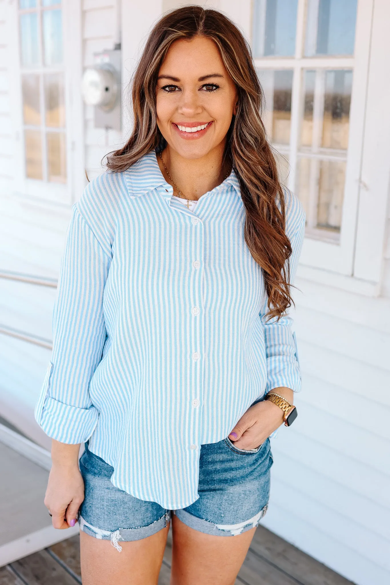Sienna Gauze Stripe Button Down - Ocean