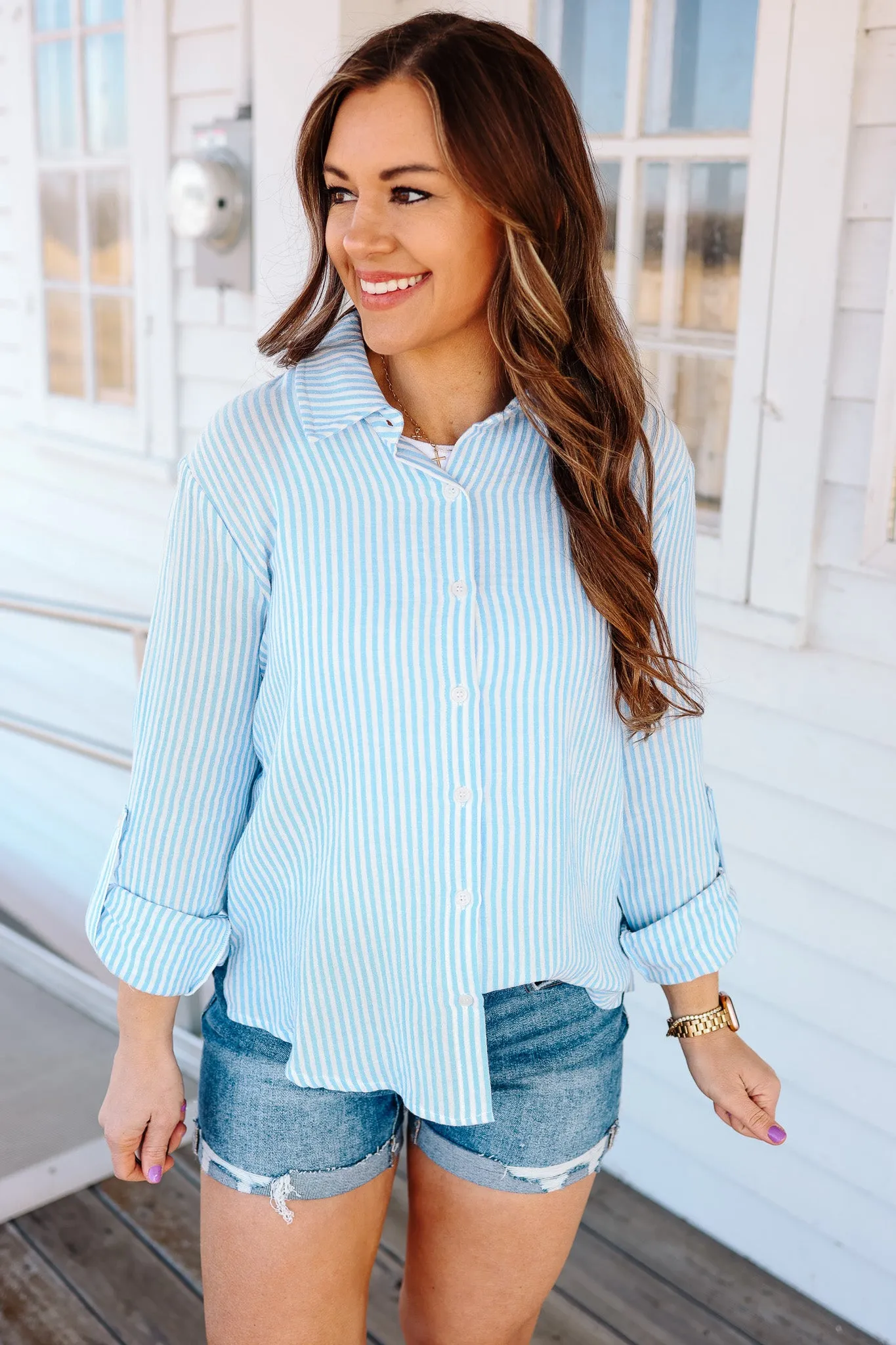 Sienna Gauze Stripe Button Down - Ocean