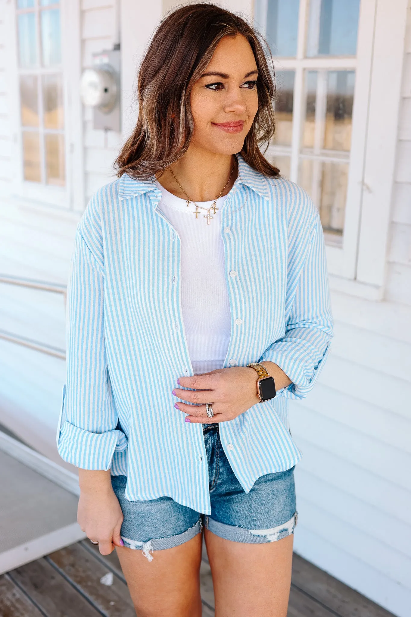 Sienna Gauze Stripe Button Down - Ocean
