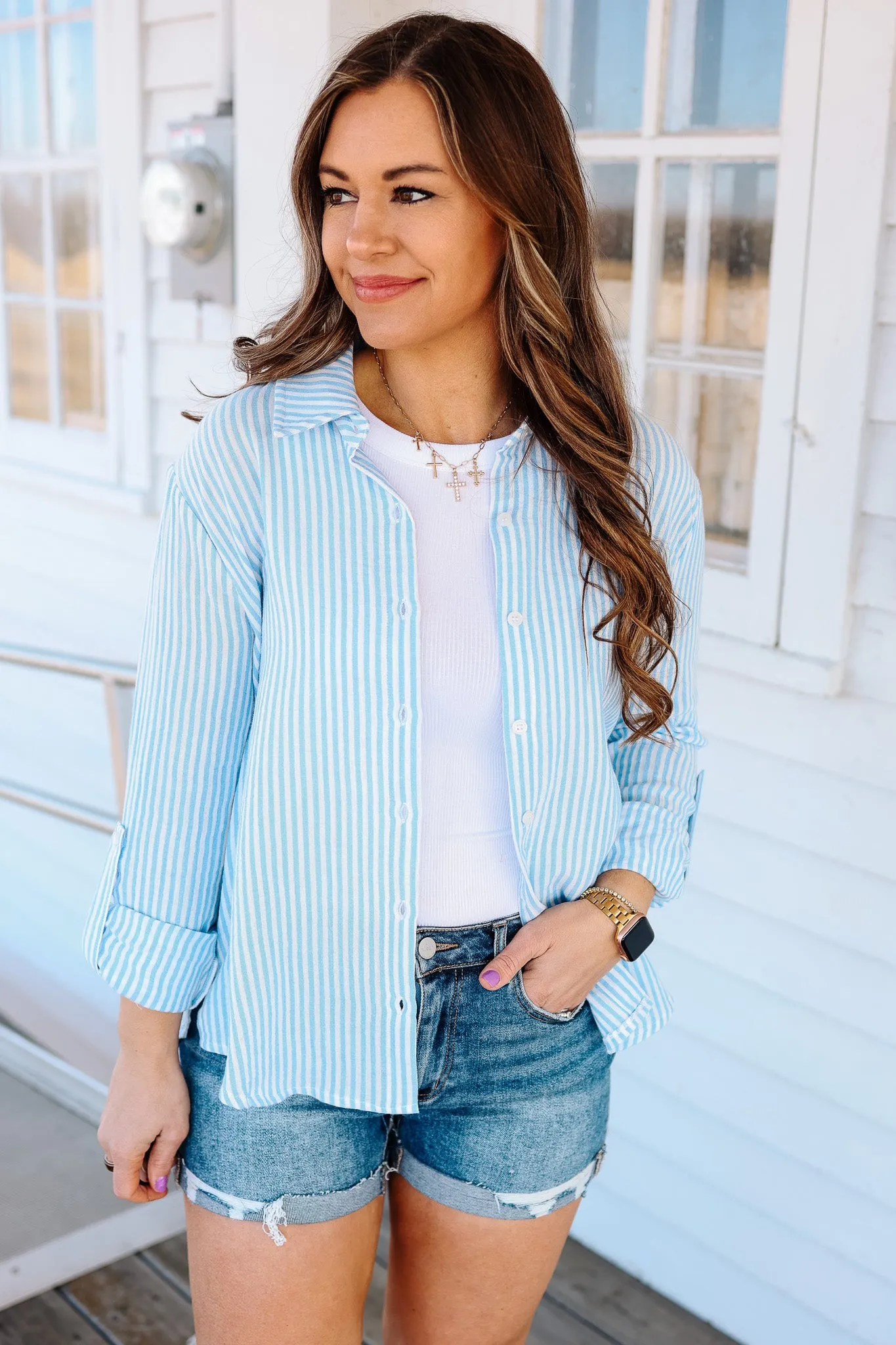 Sienna Gauze Stripe Button Down - Ocean