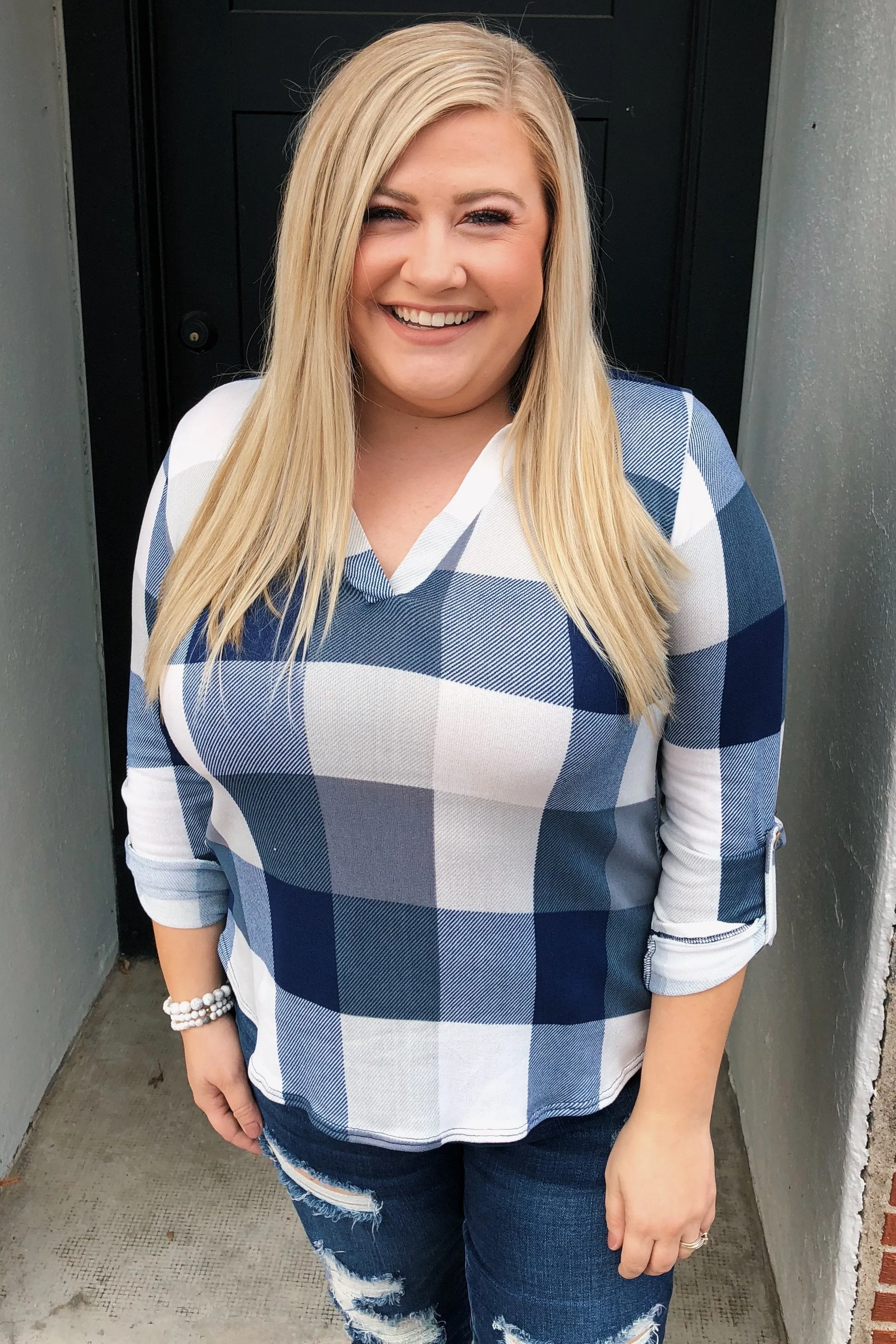 Sincerely Me Plaid V-Neck Top- Blue