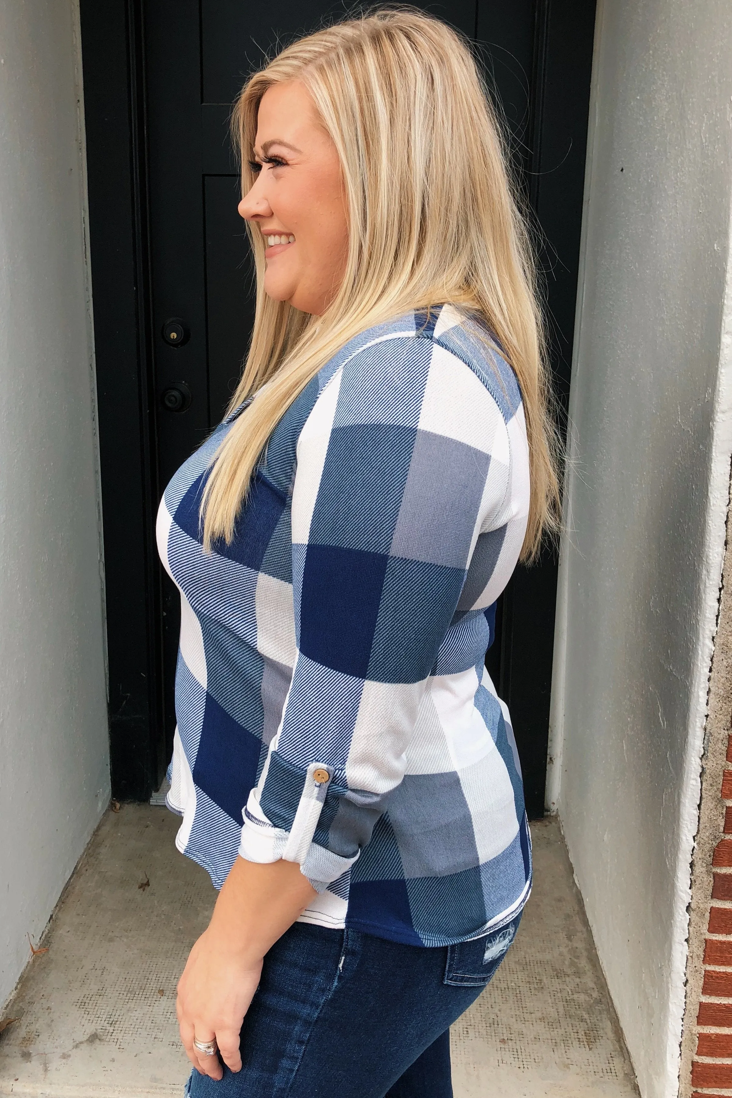 Sincerely Me Plaid V-Neck Top- Blue