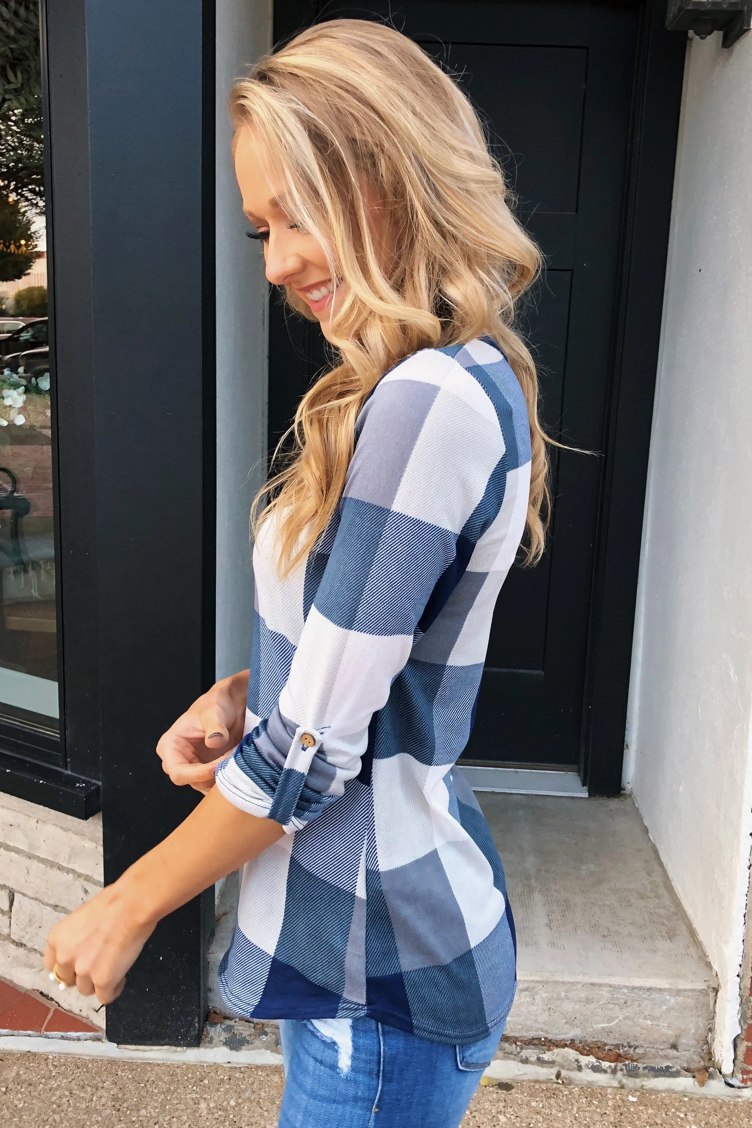 Sincerely Me Plaid V-Neck Top- Blue