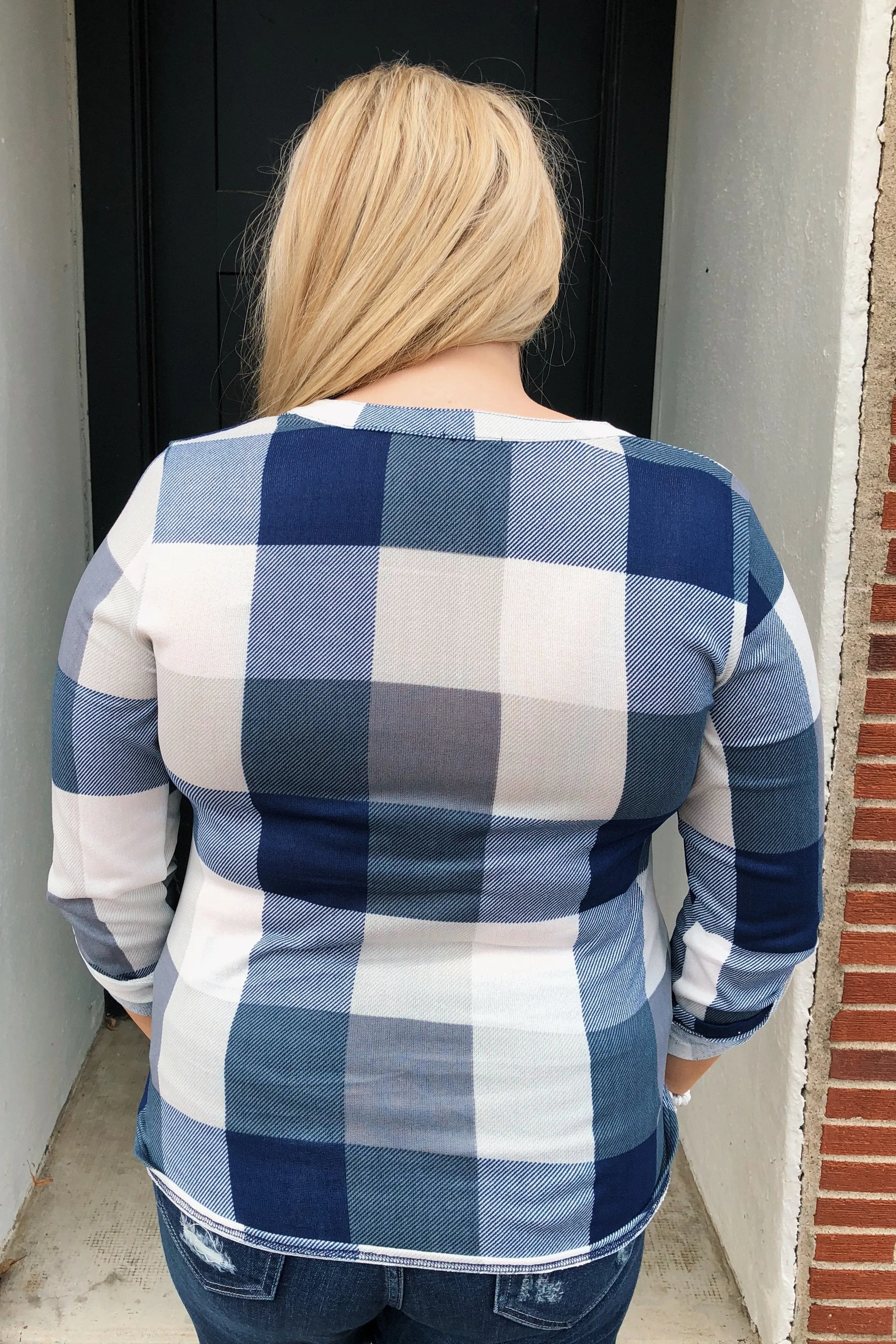 Sincerely Me Plaid V-Neck Top- Blue