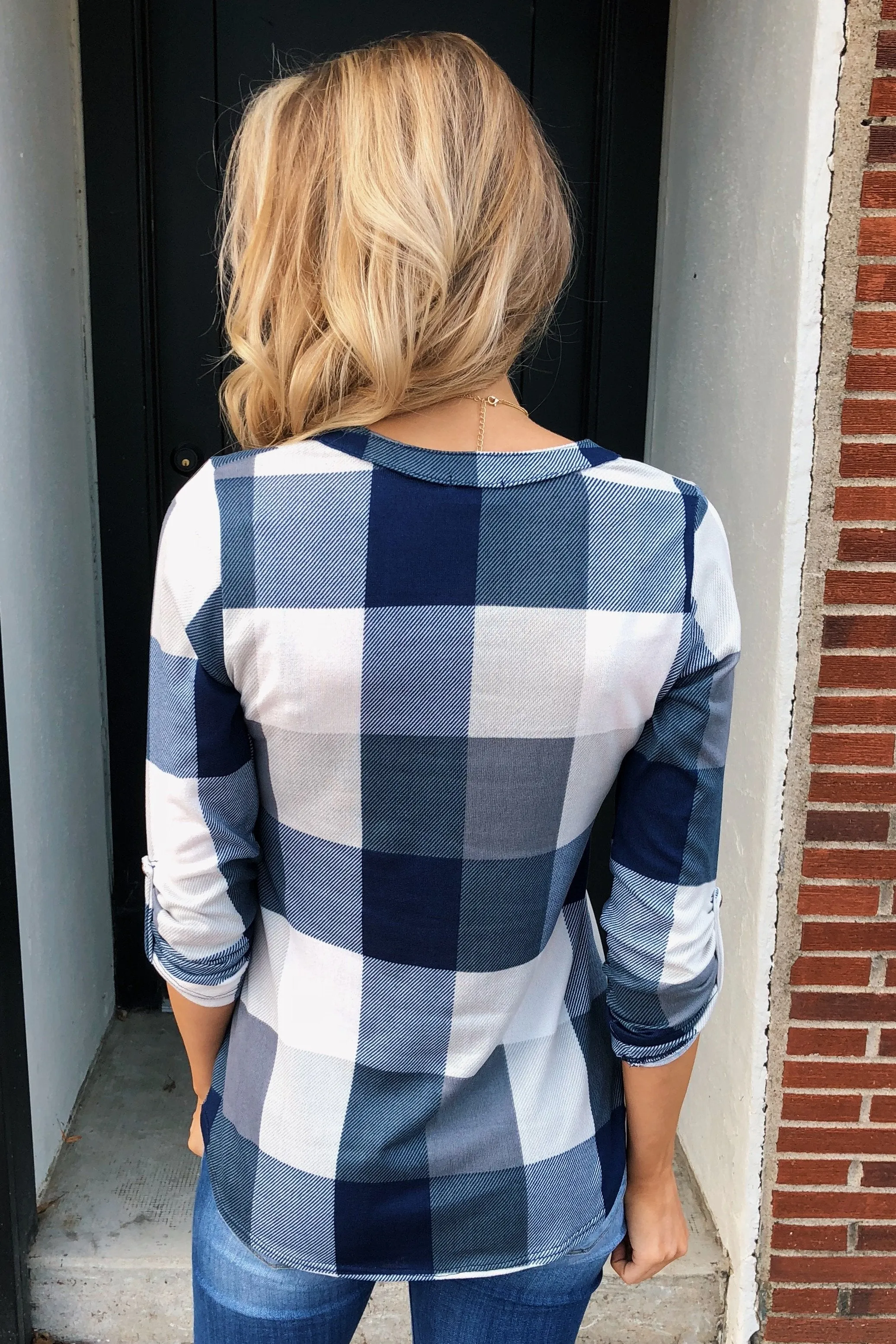 Sincerely Me Plaid V-Neck Top- Blue