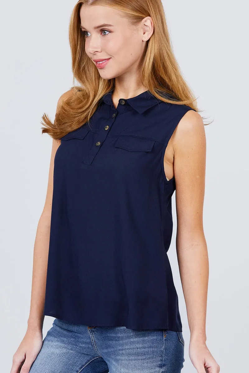 Sleeveless Front Flap Pocket Button Down Woven Shirts
