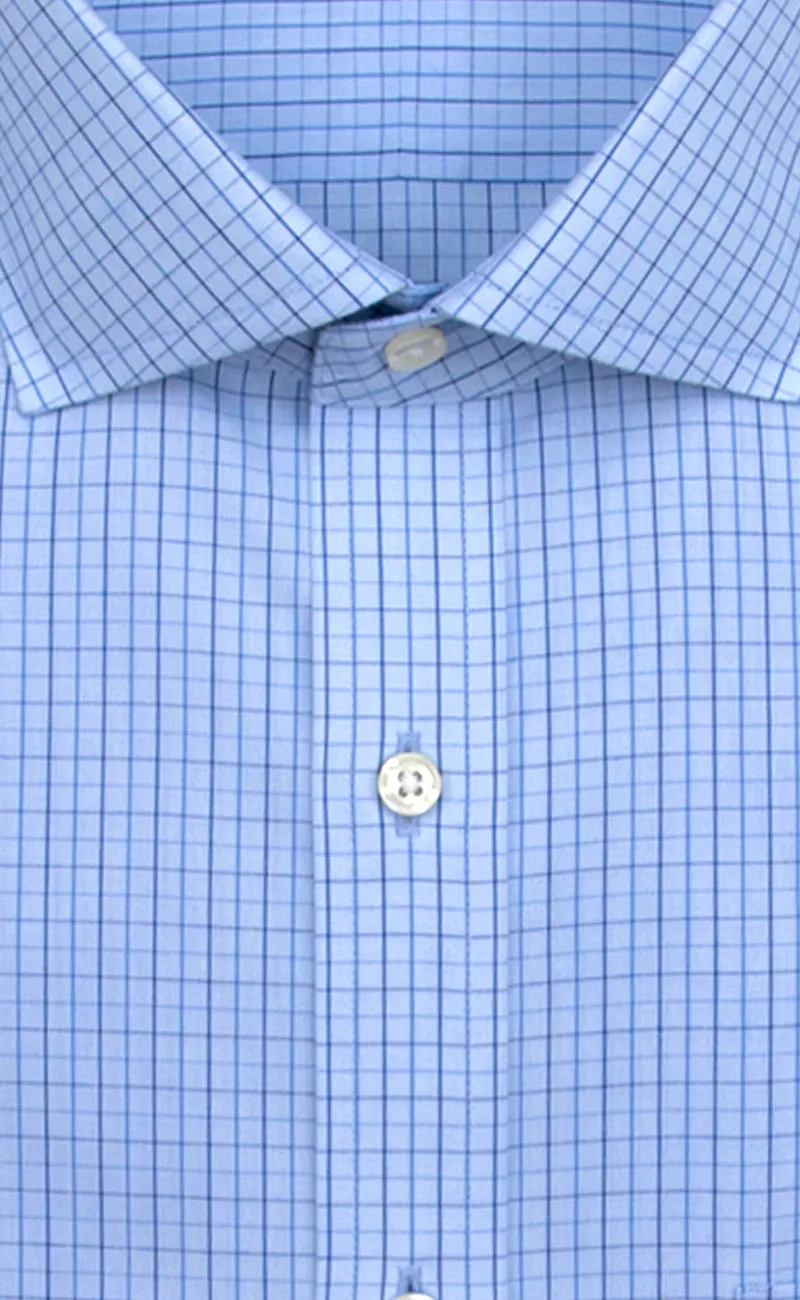 Slim Fit Light Blue Ground Navy Check English Spread Collar Supima® Cotton Non-Iron Broadcloth