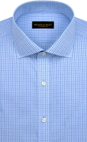 Slim Fit Light Blue Ground Navy Check English Spread Collar Supima® Cotton Non-Iron Broadcloth