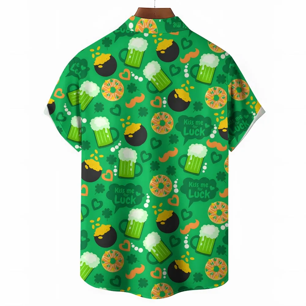 St. Patrick's Day Shamrock Beer Print Short Sleeve Shirt 2411013427