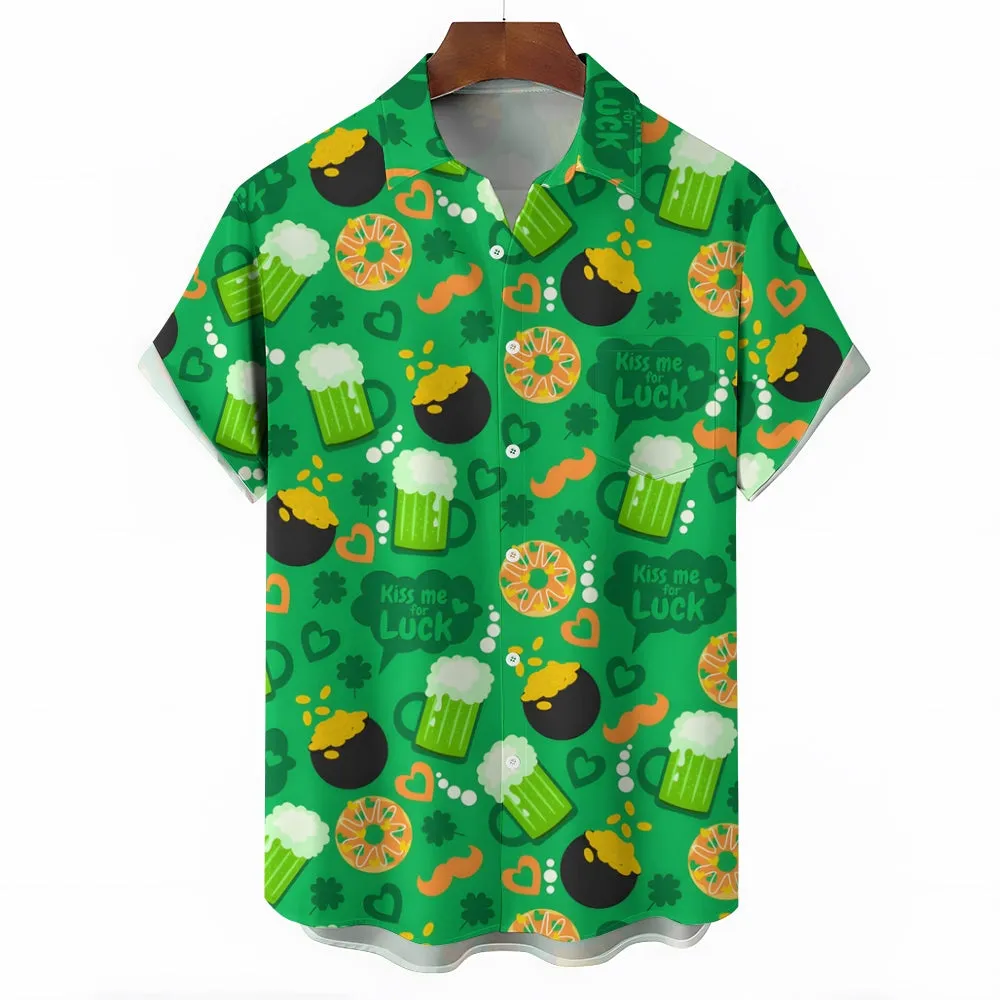 St. Patrick's Day Shamrock Beer Print Short Sleeve Shirt 2411013427