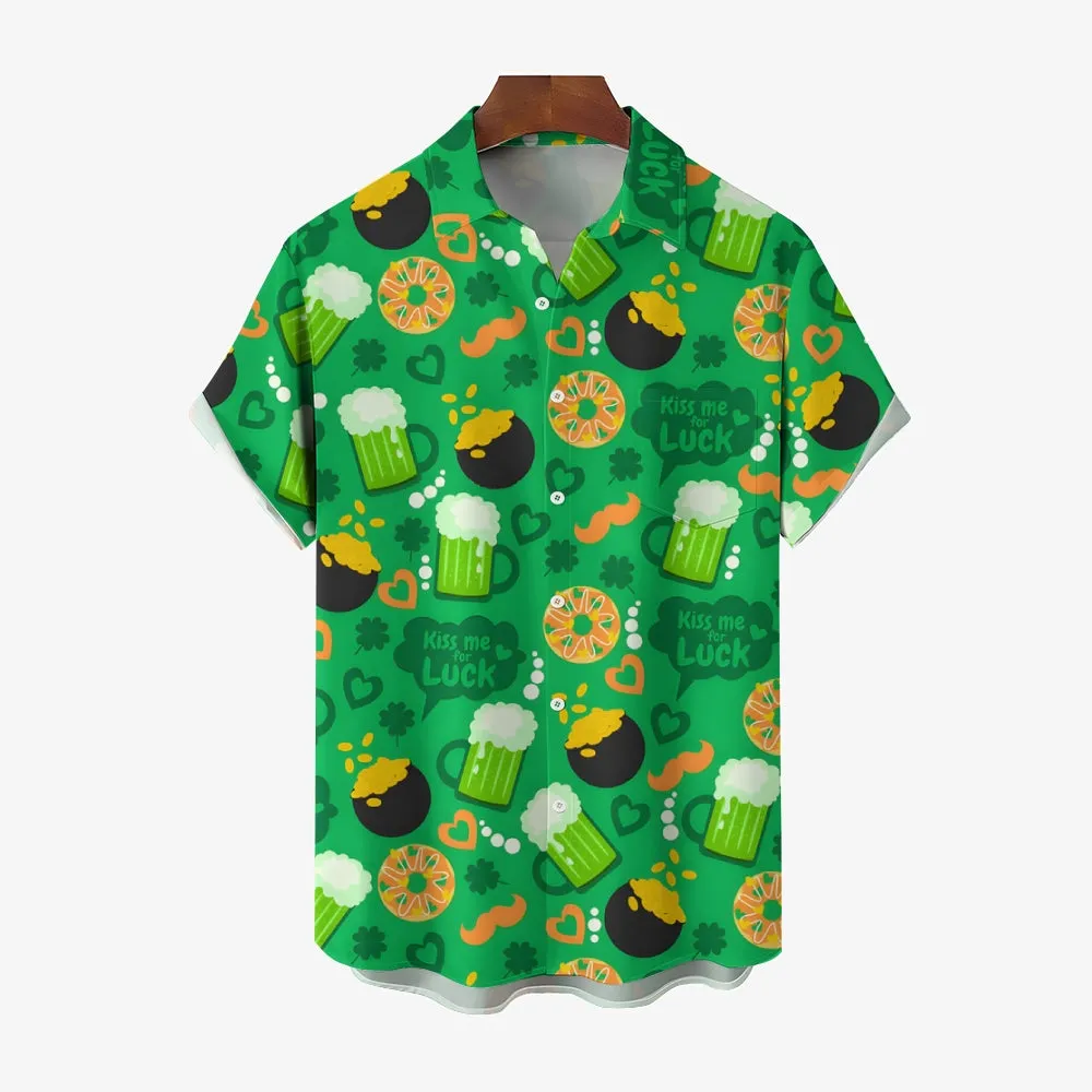 St. Patrick's Day Shamrock Beer Print Short Sleeve Shirt 2411013427