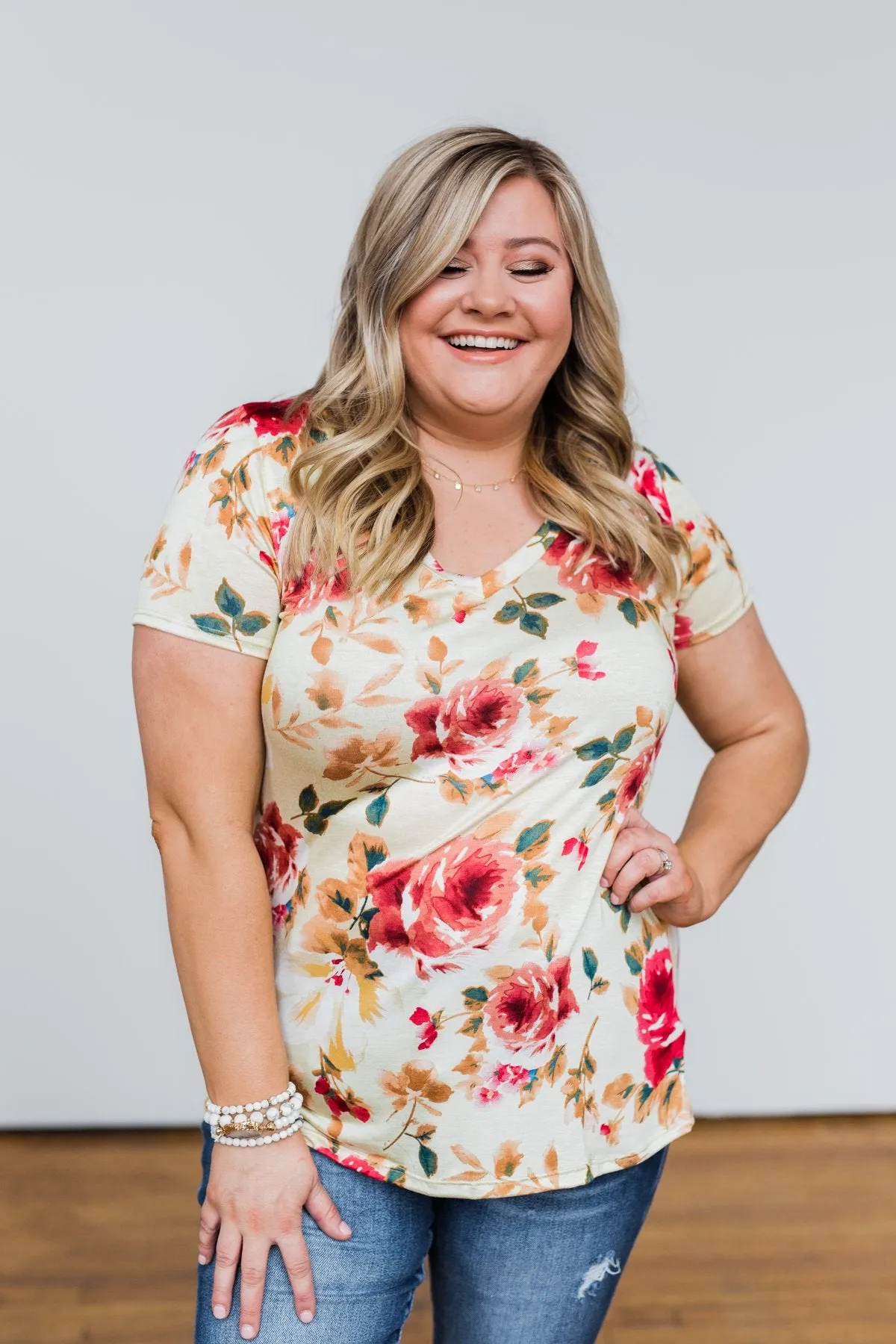 Sun's Still Shining Floral V-Neck Top- Soft Yellow