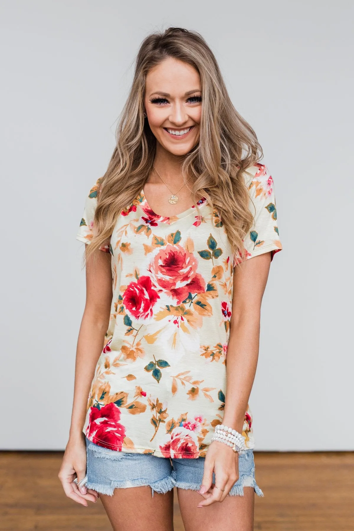 Sun's Still Shining Floral V-Neck Top- Soft Yellow