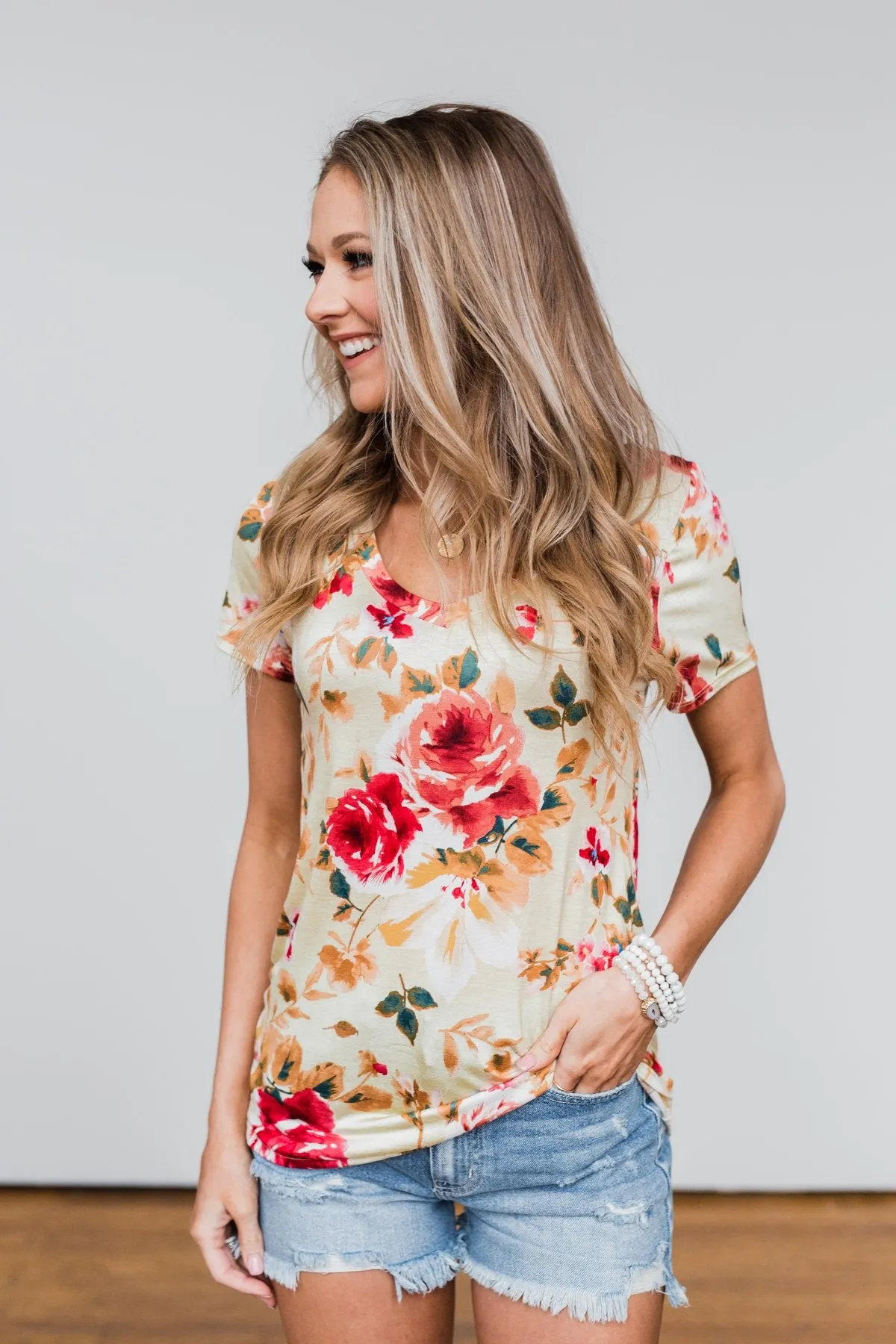 Sun's Still Shining Floral V-Neck Top- Soft Yellow