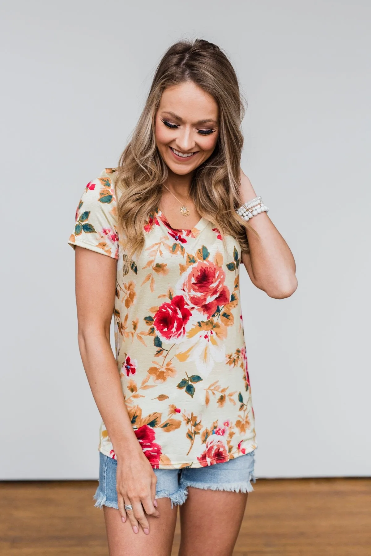 Sun's Still Shining Floral V-Neck Top- Soft Yellow