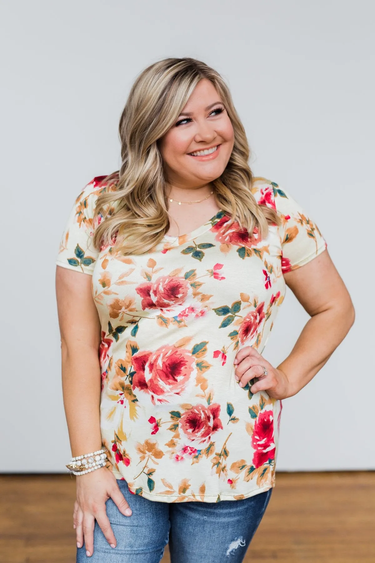 Sun's Still Shining Floral V-Neck Top- Soft Yellow