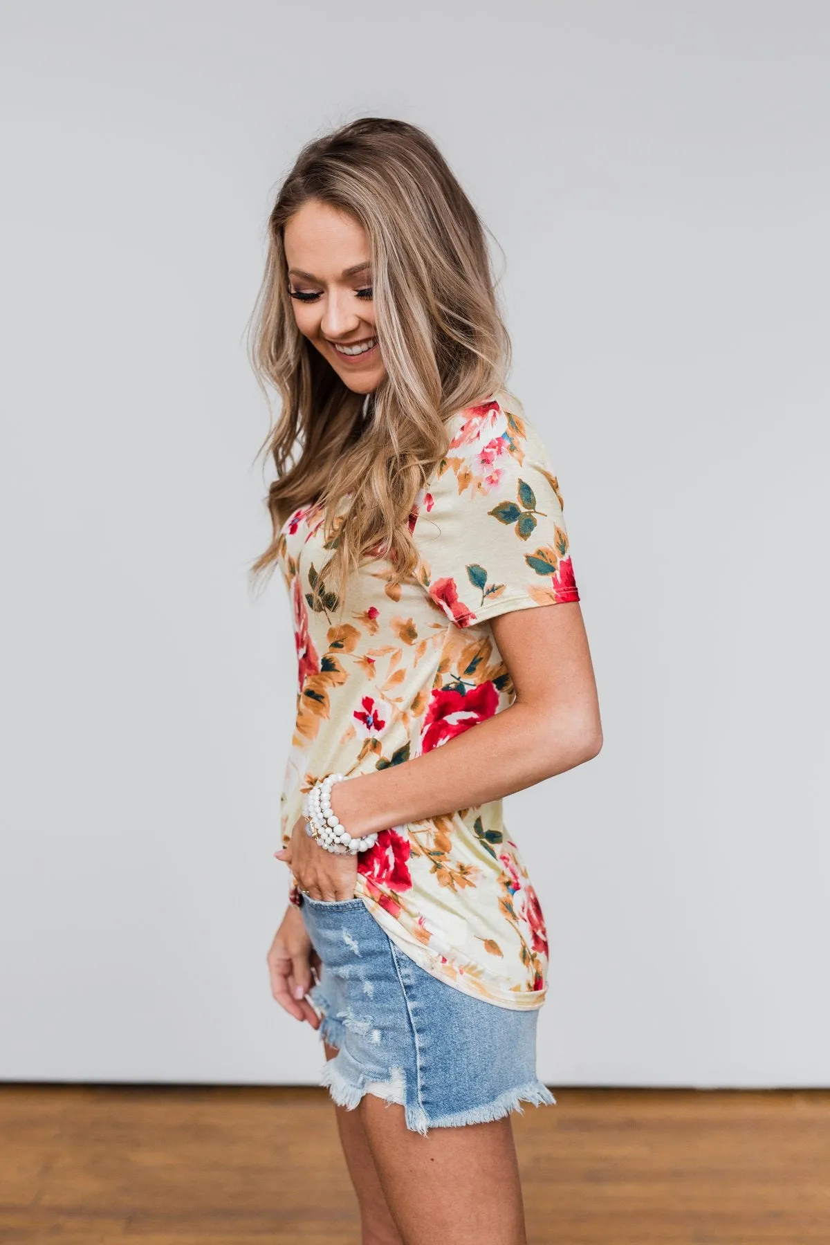 Sun's Still Shining Floral V-Neck Top- Soft Yellow