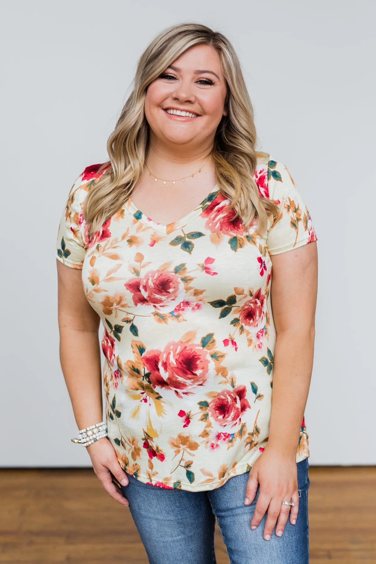 Sun's Still Shining Floral V-Neck Top- Soft Yellow