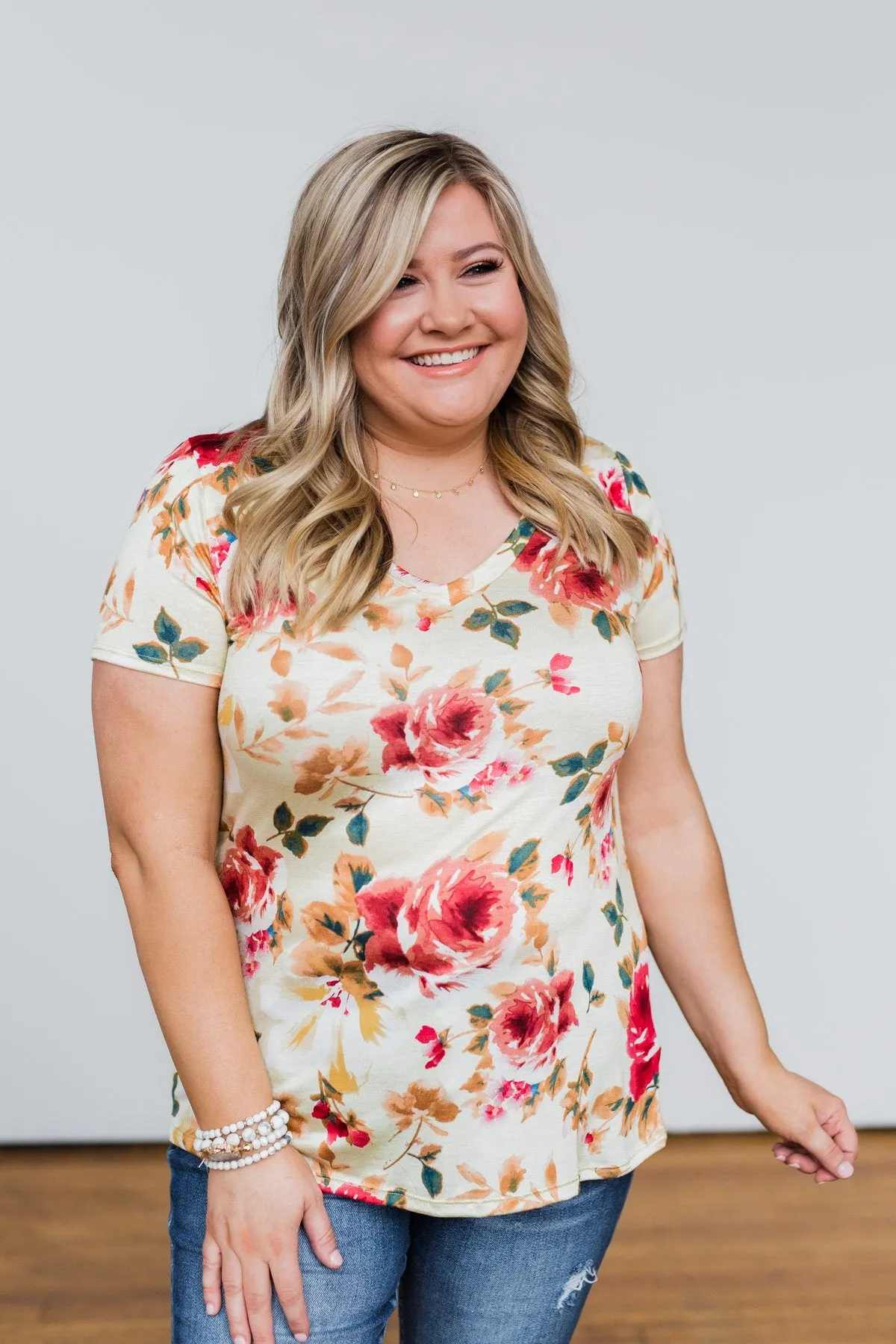 Sun's Still Shining Floral V-Neck Top- Soft Yellow
