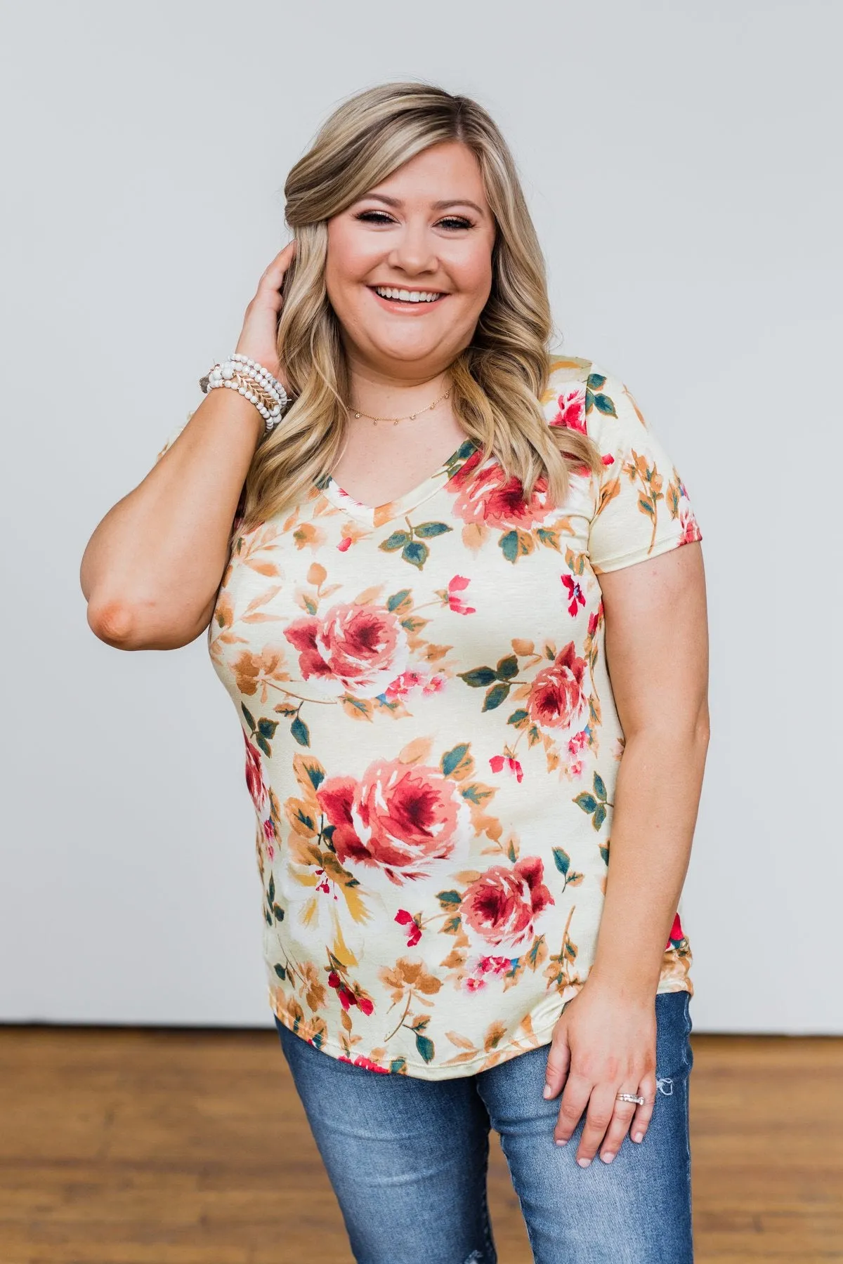 Sun's Still Shining Floral V-Neck Top- Soft Yellow