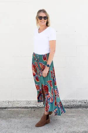 Teal & Rust Leaf -  Magnolia Maxi Skirt