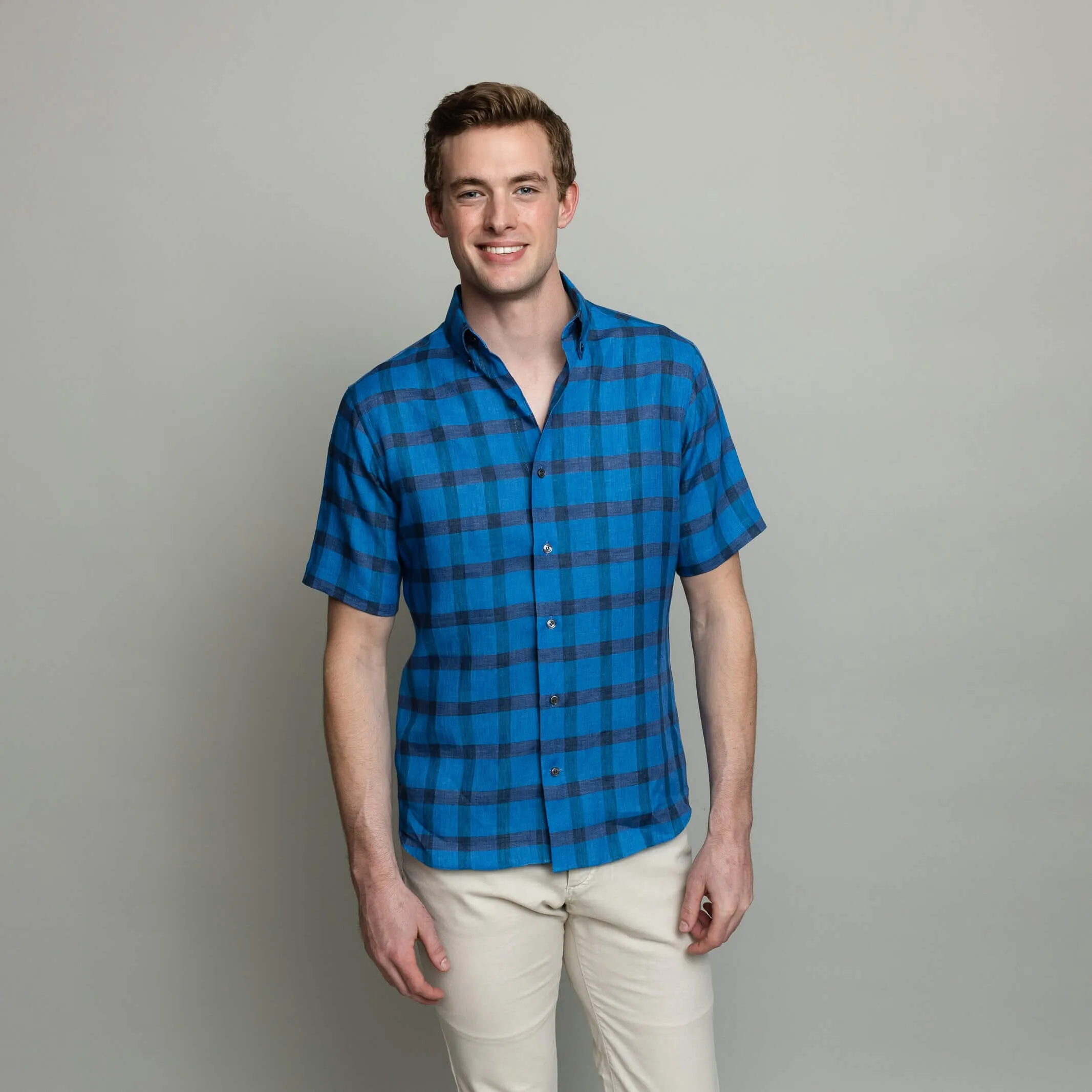 The Sapphire Short Sleeve Reardon Linen Check Custom Shirt