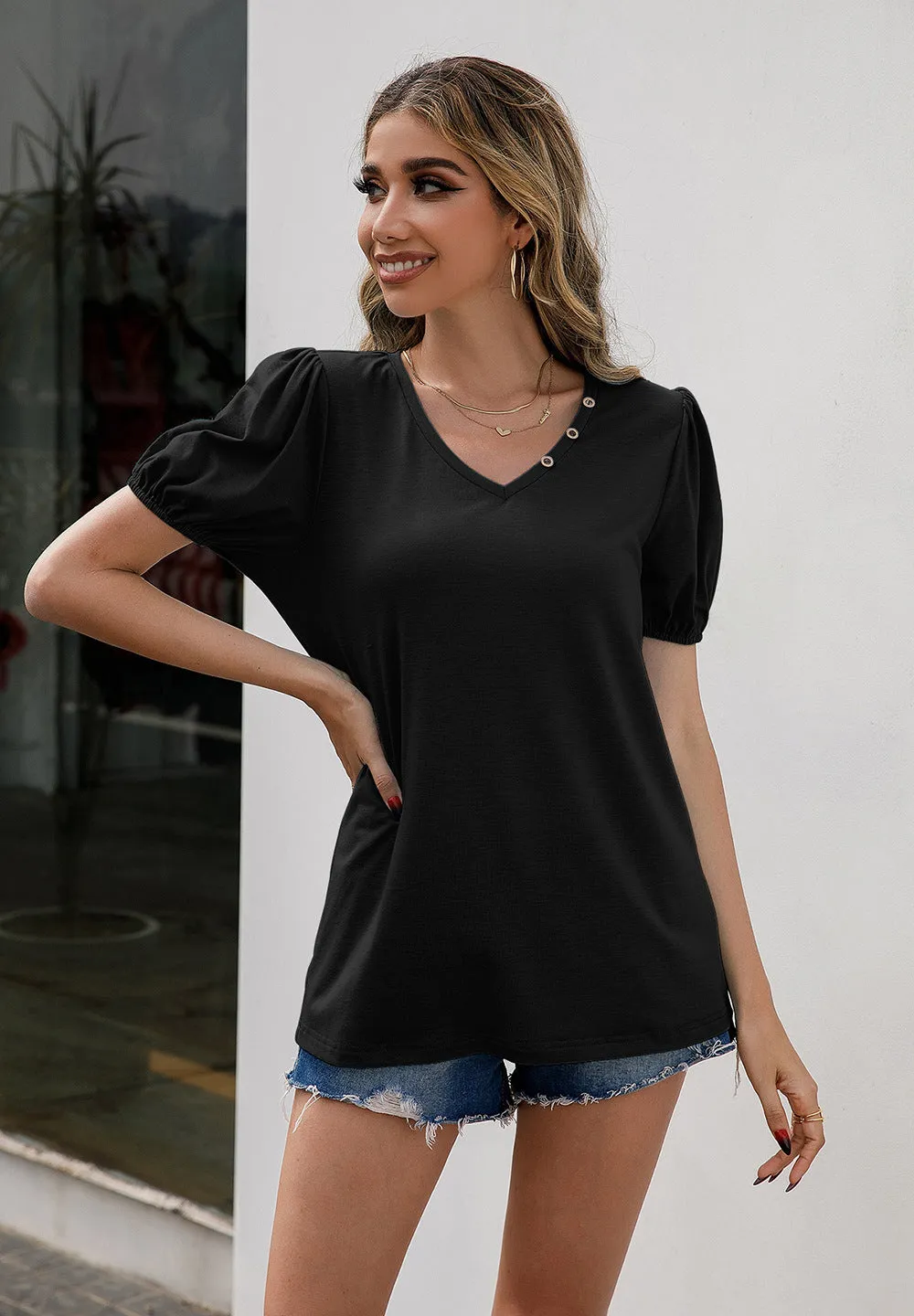 V-Neck Decorative Buttons Puff Sleeve Tee (4 Colors)