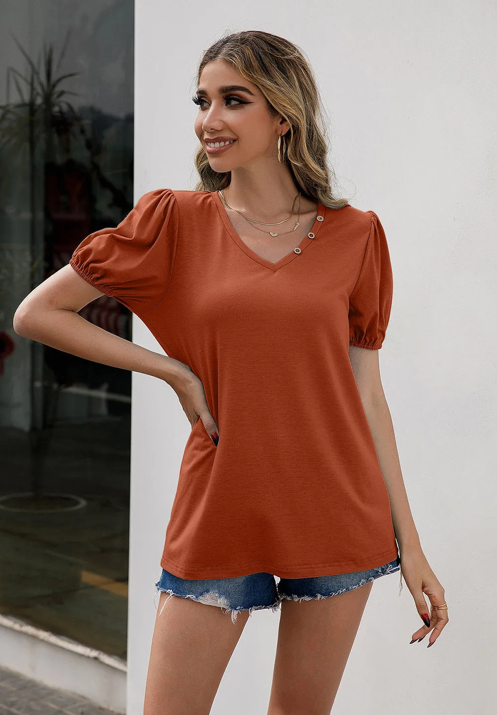 V-Neck Decorative Buttons Puff Sleeve Tee (4 Colors)