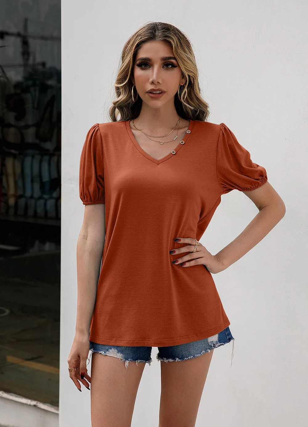 V-Neck Decorative Buttons Puff Sleeve Tee (4 Colors)
