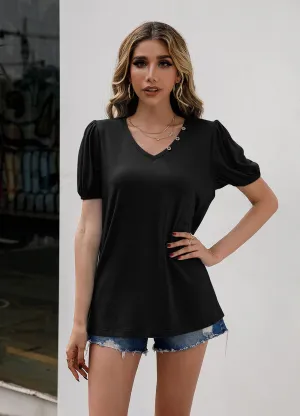 V-Neck Decorative Buttons Puff Sleeve Tee (4 Colors)