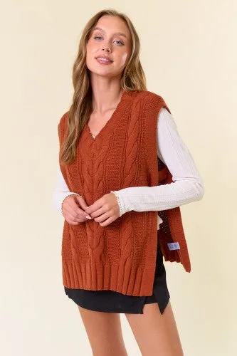 V Neck Drop Shoulder Wide Cable Sweater Vest