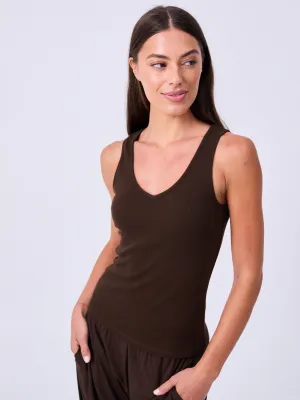 V neck Rib Tank - Coffee Bean
