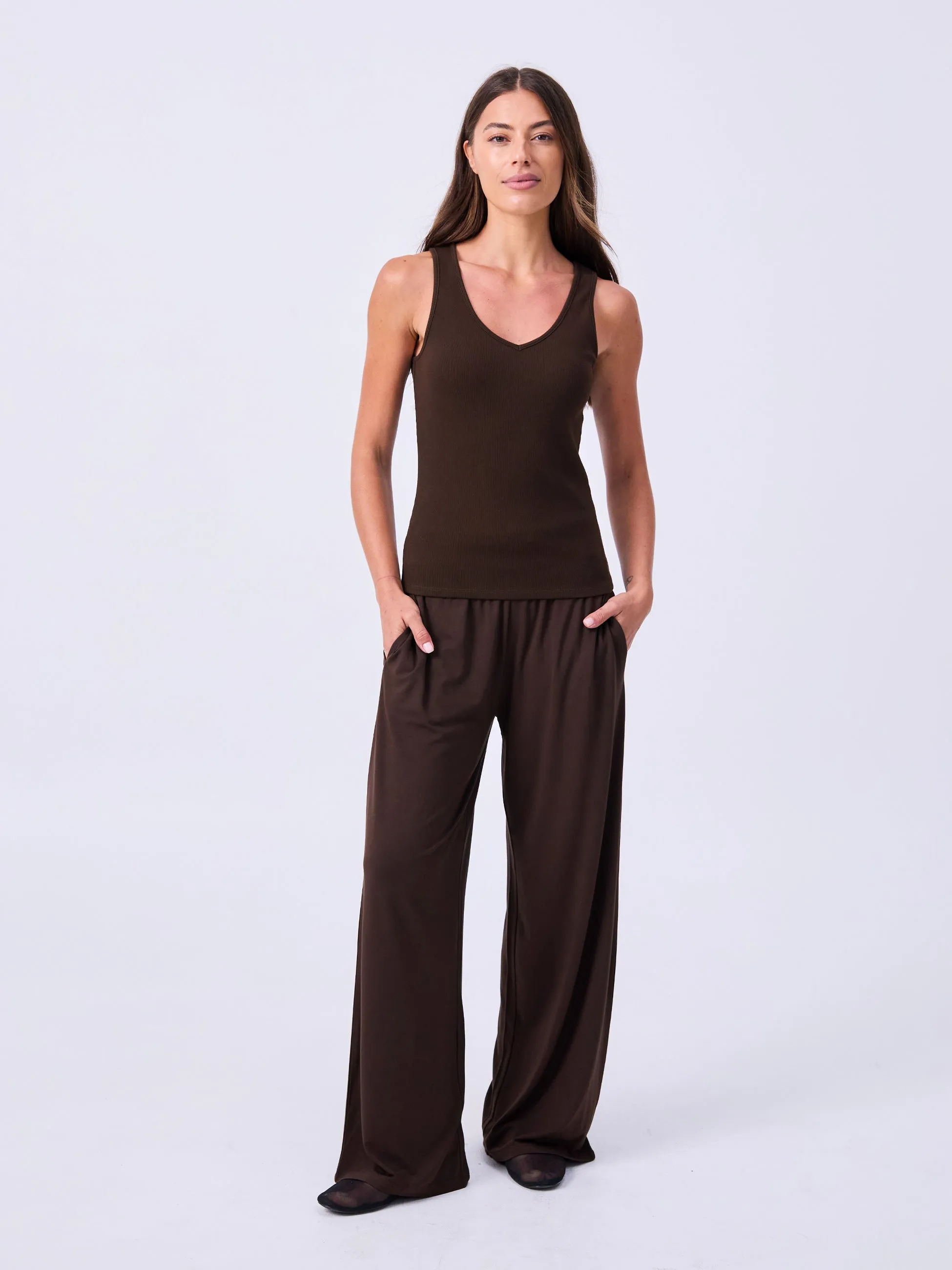 V neck Rib Tank - Coffee Bean