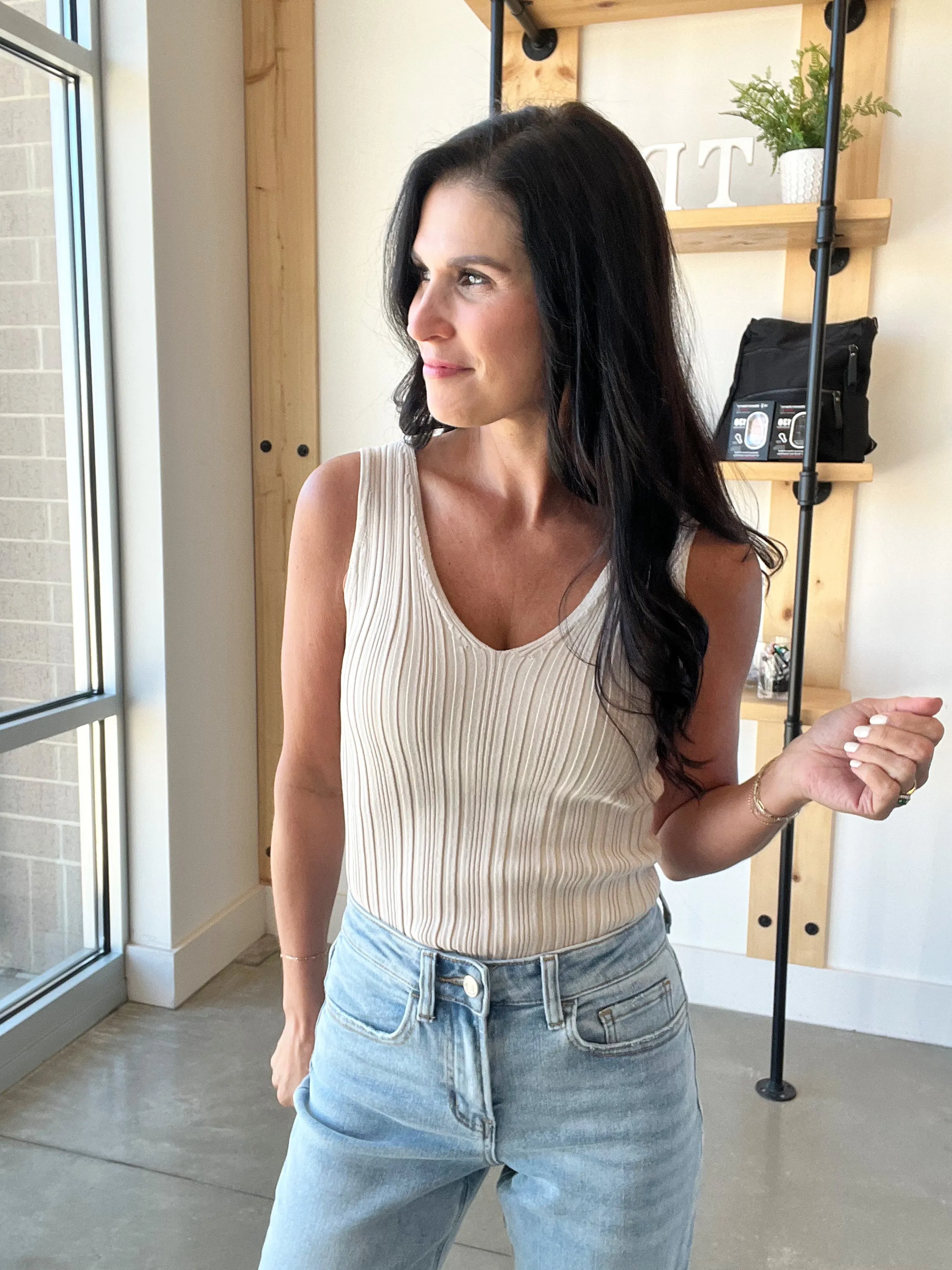 V Neck Sweater Knit Top in Oatmeal