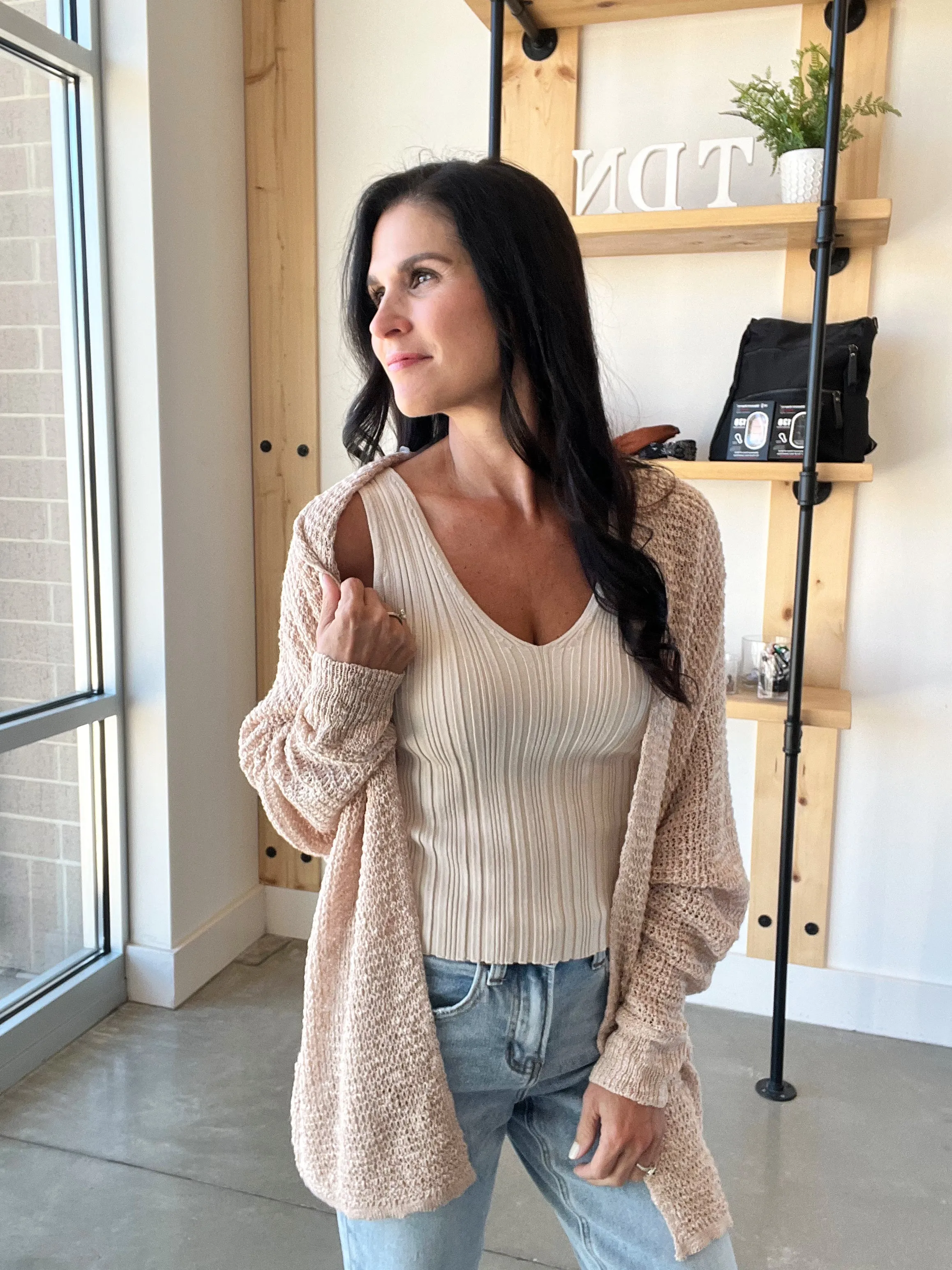 V Neck Sweater Knit Top in Oatmeal