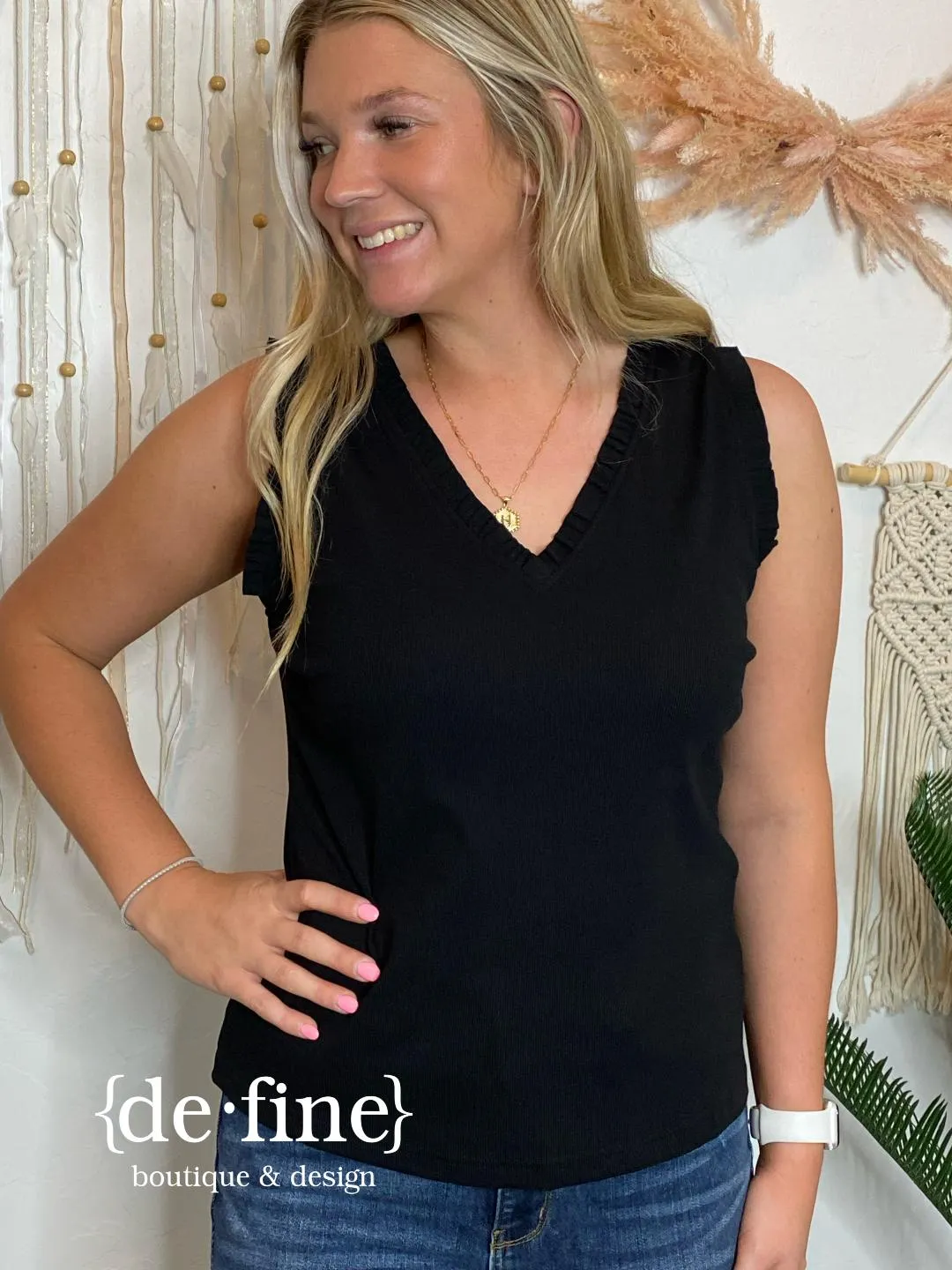 V-Neck Tank with Ruffle Edges in Multiple Colors