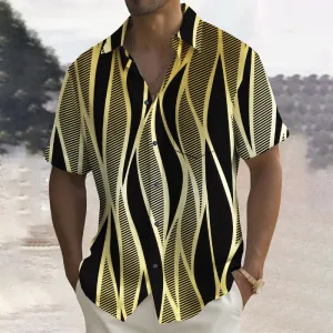 Vintage Black Gold Stripe Print Men's Stretch Hawaiian Shirt