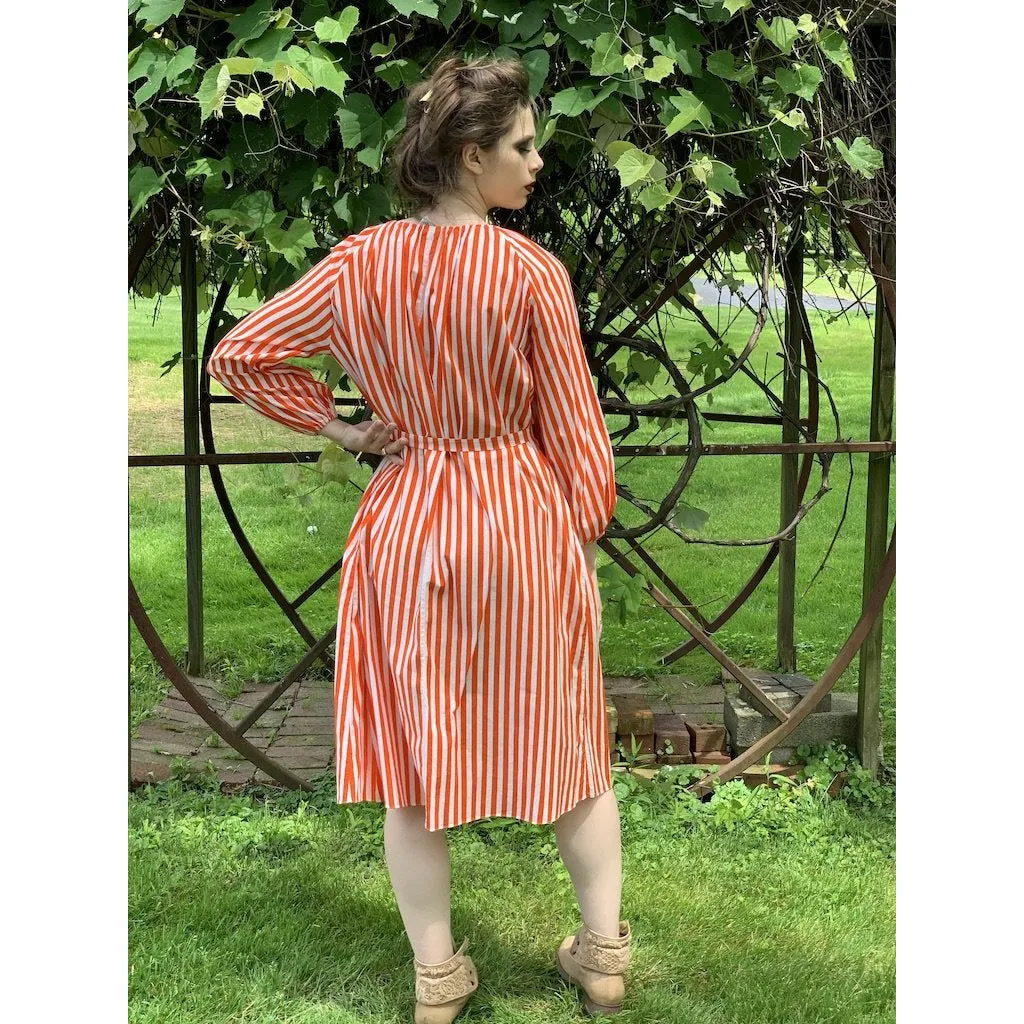 Vintage Vuokko Jokapoika STRIPED Dress Orange White Cotton 1970s Small