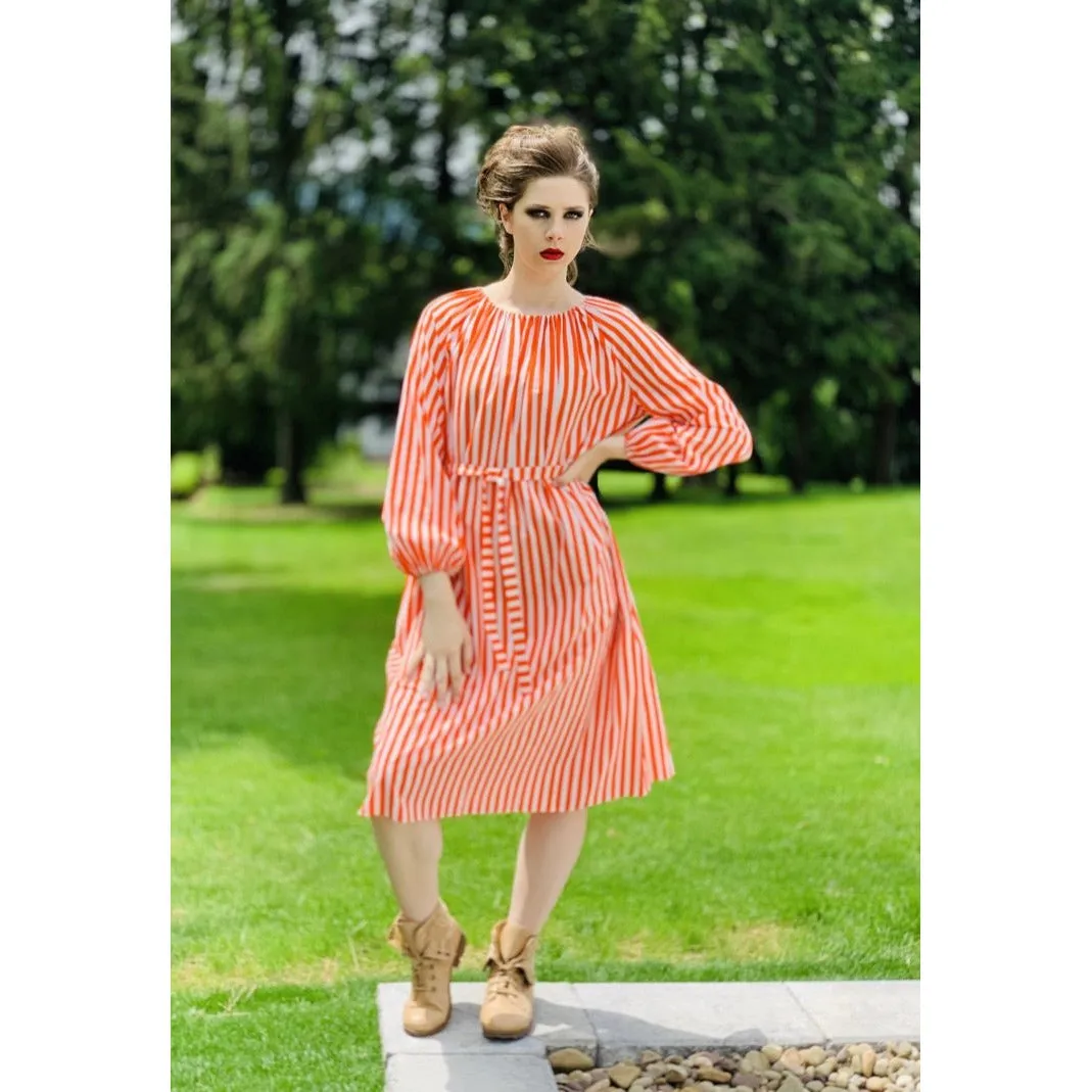 Vintage Vuokko Jokapoika STRIPED Dress Orange White Cotton 1970s Small