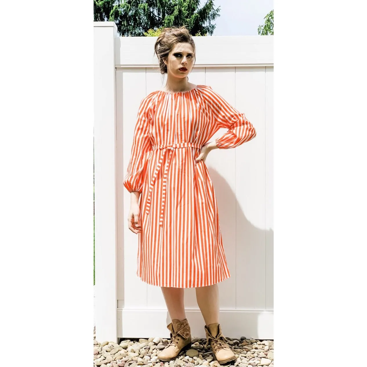 Vintage Vuokko Jokapoika STRIPED Dress Orange White Cotton 1970s Small