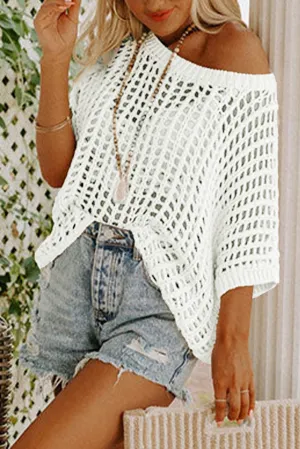 White Apricot Fishnet Knit Ribbed Round Neck Short Sleeve Sweater Tee