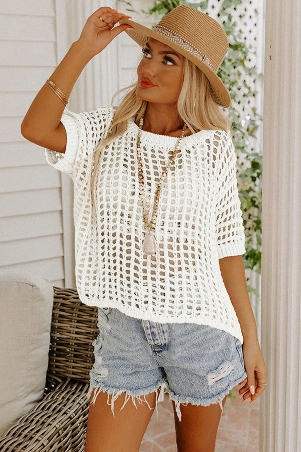 White Apricot Fishnet Knit Ribbed Round Neck Short Sleeve Sweater Tee