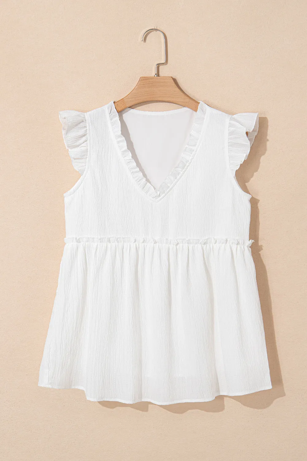 White Textured Ruffled Trim V Neck Flutter Flowy Top