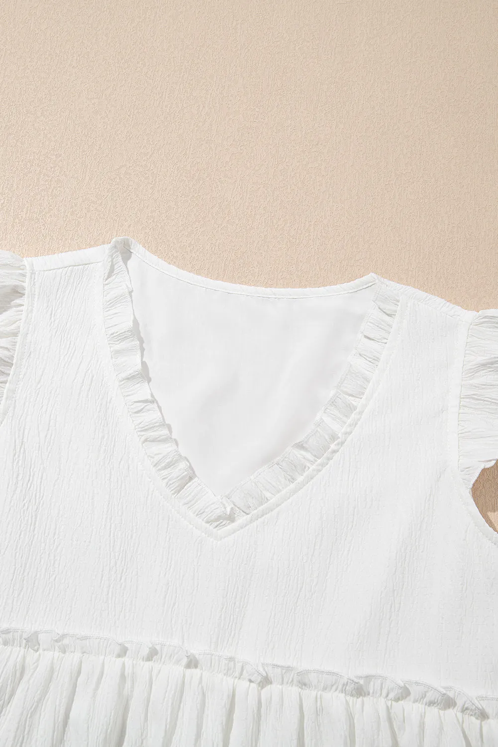 White Textured Ruffled Trim V Neck Flutter Flowy Top