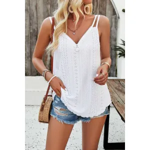 White V Neck Eyelet Trim Spaghetti Strap Sleeveless Cami Top