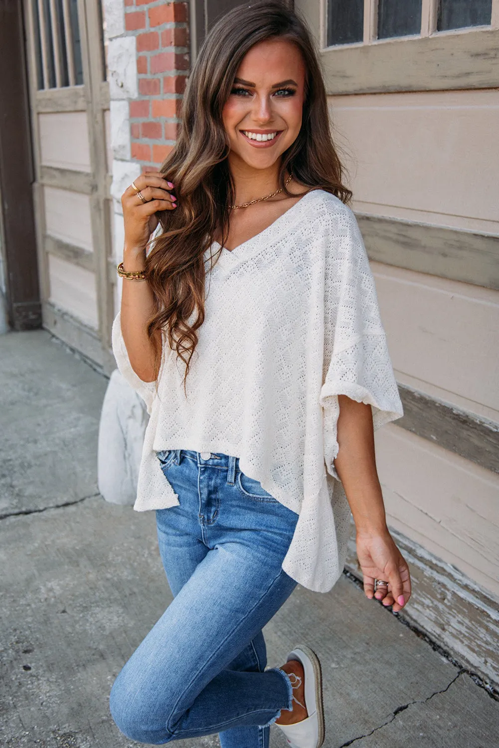 White V Neck Knitted Flowy Blouse