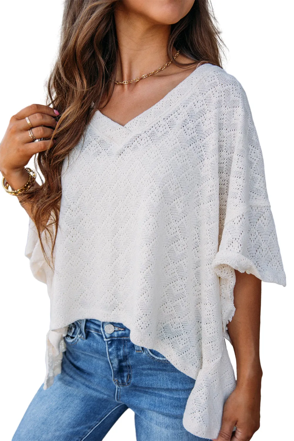 White V Neck Knitted Flowy Blouse