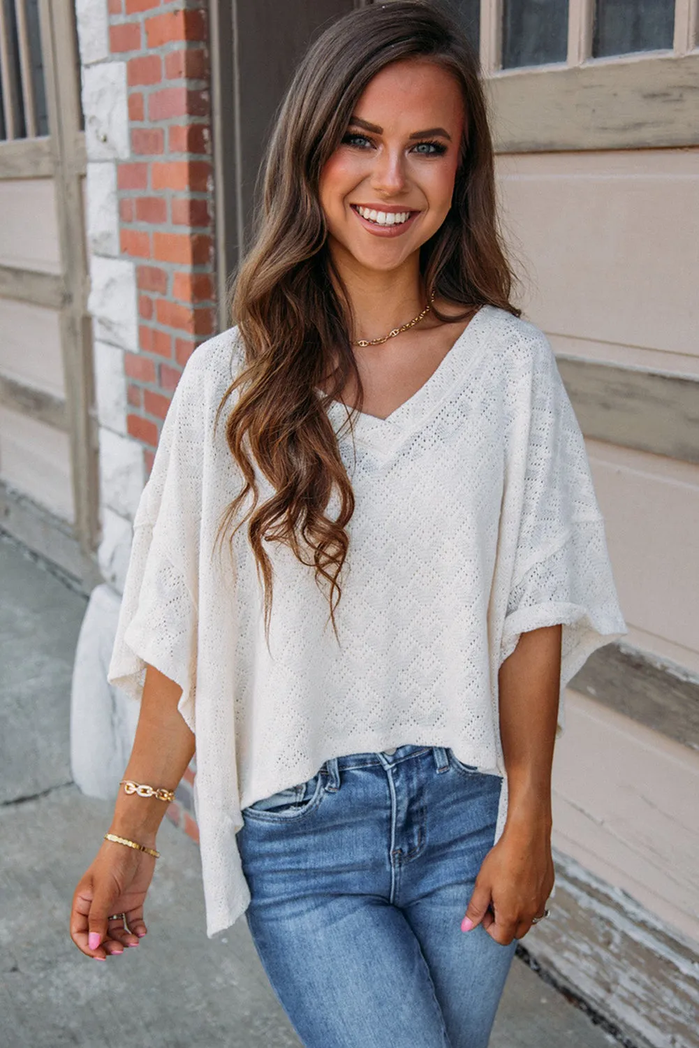 White V Neck Knitted Flowy Blouse