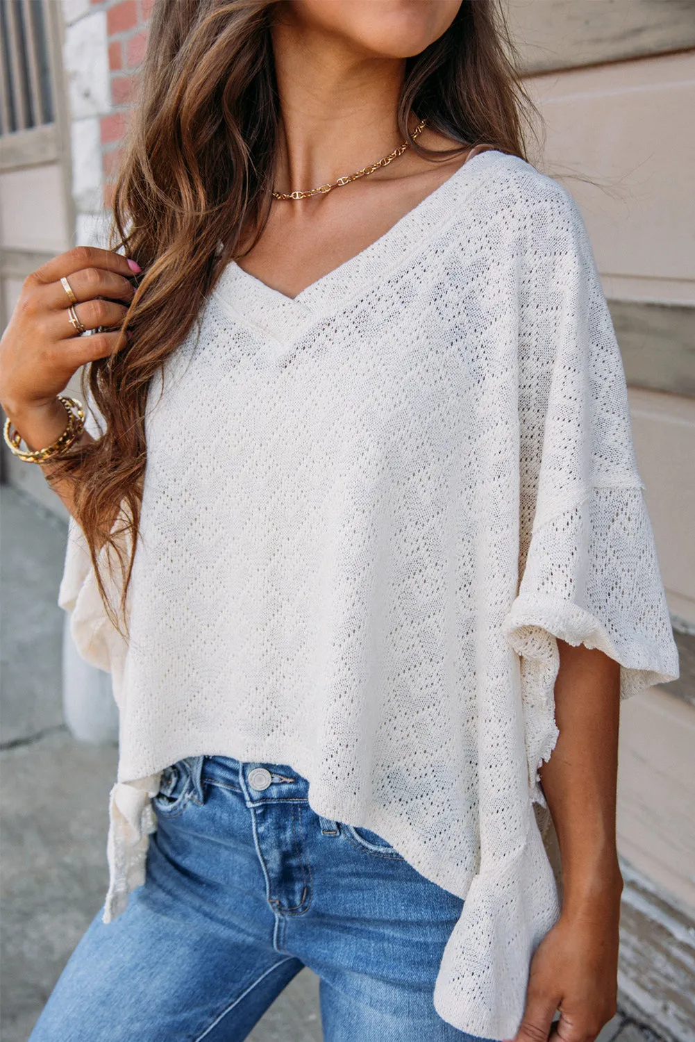 White V Neck Knitted Flowy Blouse